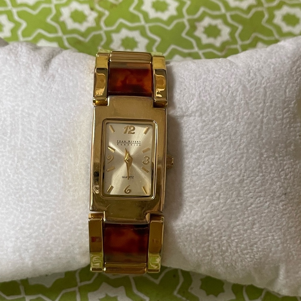 JOAN RIVERS CLASSICS VTG POLISHED GOLDTONE 21MM FAUX TORTOISE SHELL WATCH EUC